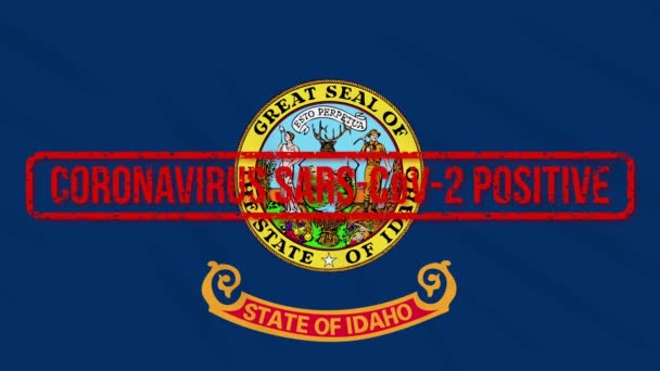 Estado de Idaho EE.UU. balanceo bandera estampada con respuesta positiva a COVID-19, bucle — Vídeo de stock