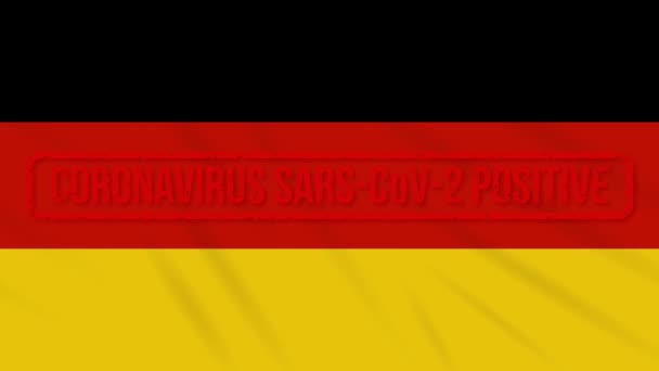 Alemania bandera batiente estampada con respuesta positiva a COVID-19, bucle — Vídeo de stock