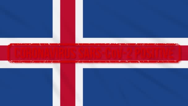 Bandera batiente de Islandia estampada con respuesta positiva a COVID-19, bucle — Vídeo de stock