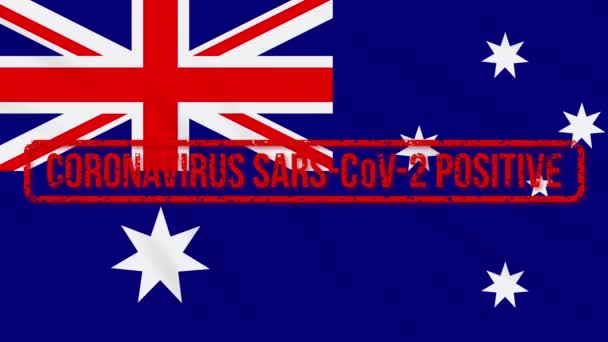 Bandera oscilante de Australia estampada con respuesta positiva a COVID-19, bucle — Vídeos de Stock