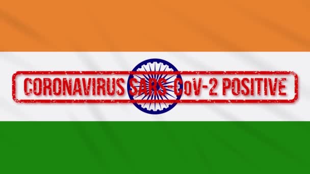 Bandera oscilante de la India estampada con respuesta positiva a COVID-19, bucle — Vídeos de Stock