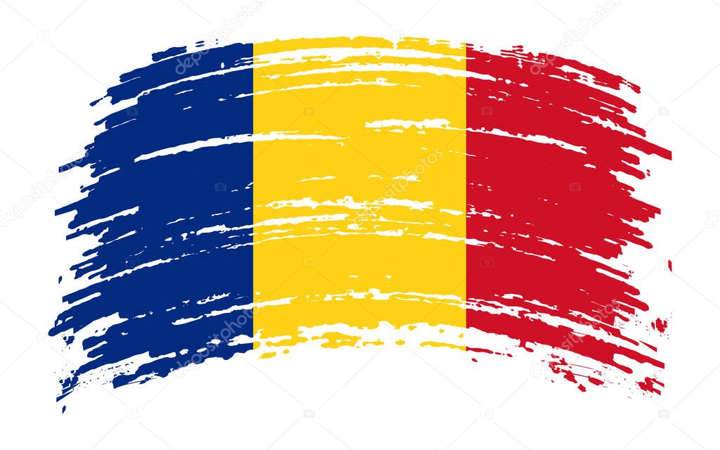 Romanian torn flag in grunge brush stroke, vector image