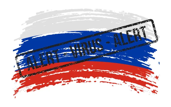警告ウイルスという言葉で切手でロシアの引き裂かれた旗 ベクトル画像 — ストックベクタ
