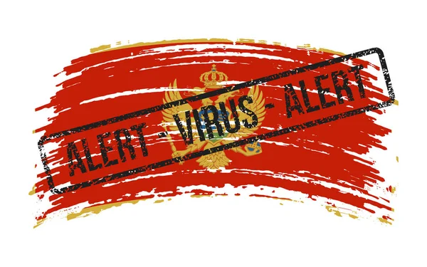 Montenegrijnse Verscheurde Vlag Met Een Stempel Met Woorden Alert Virus — Stockvector