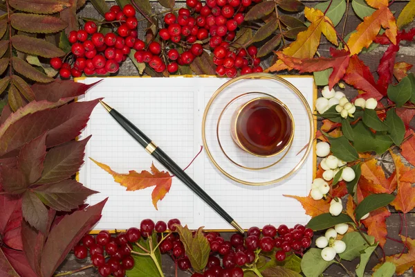 Cup of black tea in a transparent glass on a notes on the background of autumn leaves and berries — Stock Photo, Image