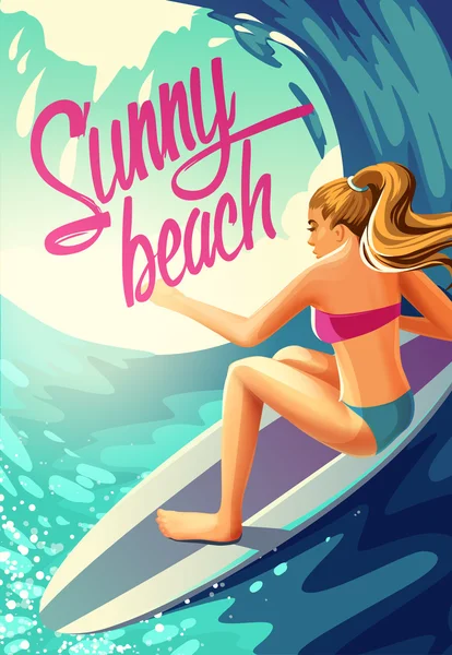 Cartel soleado playa surfing chica — Archivo Imágenes Vectoriales