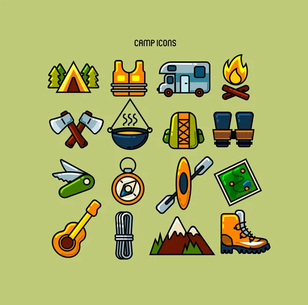 Conjunto de 16 ícones de cores de acampamento —  Vetores de Stock