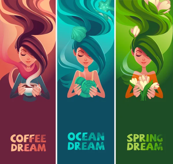 Chicas sueños tarjetas de color — Vector de stock