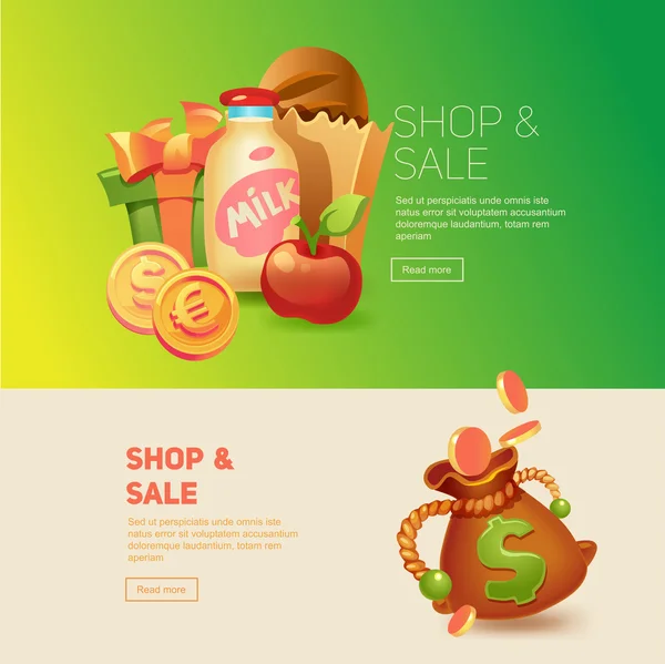 Compras y venta. Bolsa de compras . — Vector de stock