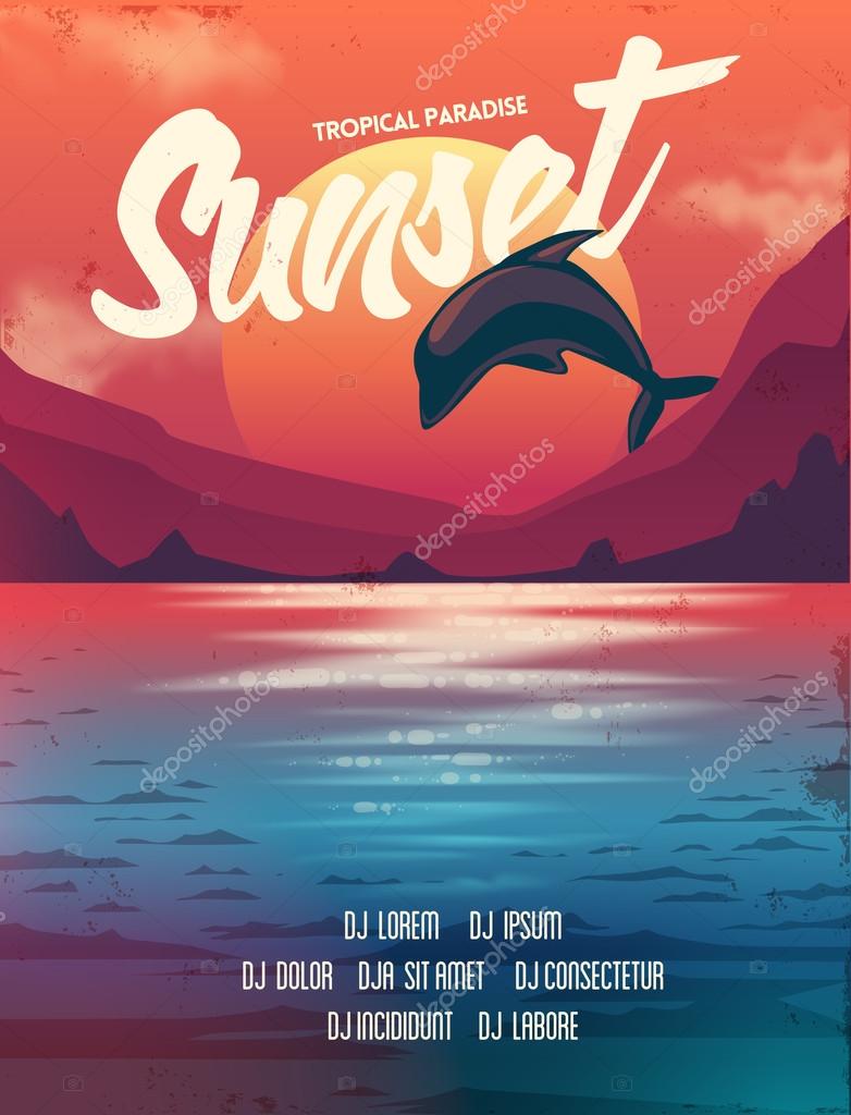 Poster Coucher De Soleil Avec Dauphin Image Vectorielle