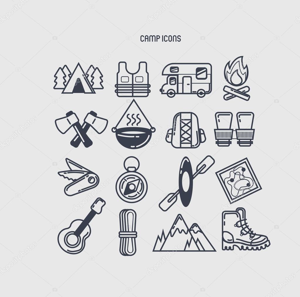 Set of 16 camp icons 