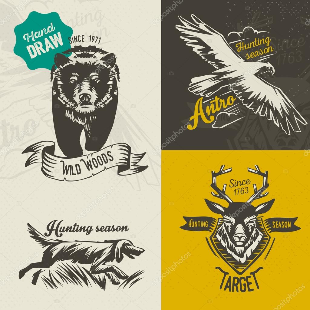 Hand draw labels hunting season with animals. vector illustration