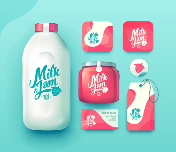 Zestaw butelek mleka i dżem — Wektor stockowy