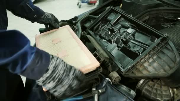 In service station mechanic installs a new air filter inside the box. — Stock Video