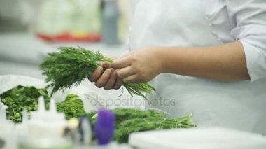 Beyaz bir önlük yemek, iyi bir dereotu ve toplar onun elinde seçin.