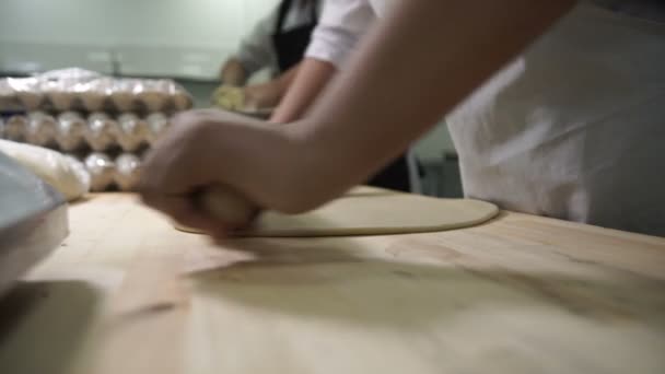 Dois fogões trabalham com massa a bordo em ambiente de cozinha industrial — Vídeo de Stock