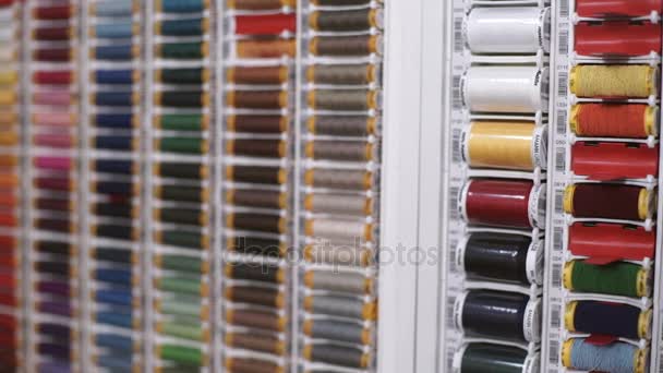Video review of stand with reels of thread of different color. — Stock Video