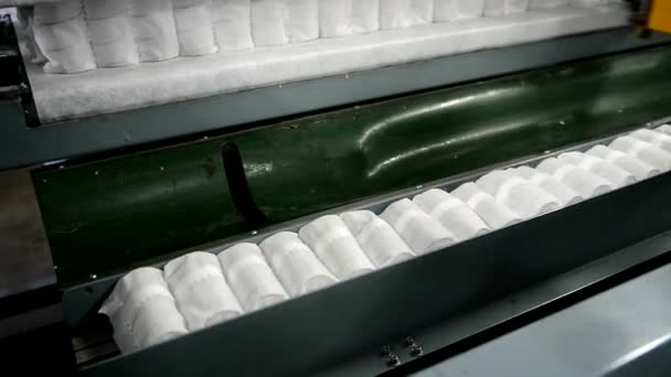 生产床垫流水线工人收集独立弹簧床垫的行列 — 图库视频影像
