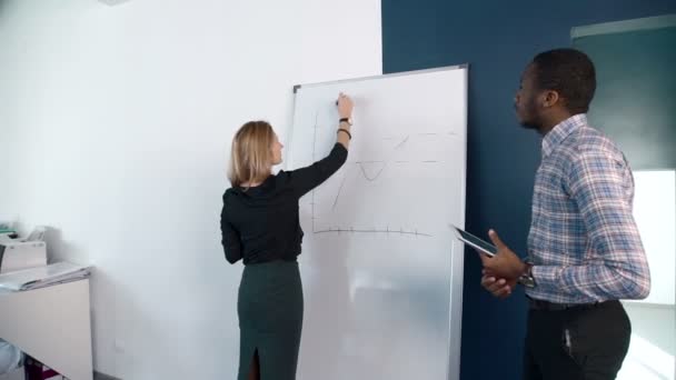 La bionda donna d'affari presenta il piano al suo collega afroamericano . — Video Stock