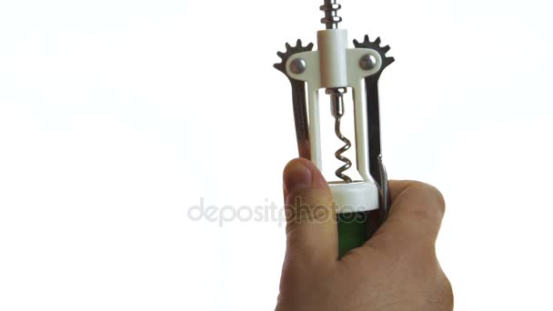 The green bottle is being opened by chiefs hands with corkscrew in the restaurant. — Stock Video