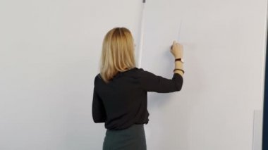 İş kadını marker ile manyetik kurulu planı üzerinde yazıyor.