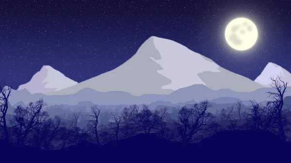 Paisaje nocturno de la montaña y la luna —  Fotos de Stock