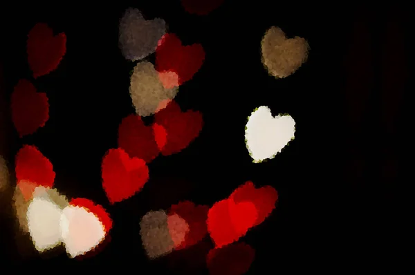 abstract red heart bokeh vision bright fantasy on black background design in red frame with red heart, illuminated light effect. Valentines day background.