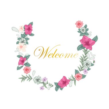 Hafif arkaplanlı narin çiçek çelengi. Hoş geldiniz. Vektör çizimi. Düğün ya da başka bir kutlama için davetiye olarak kullanılabilir..