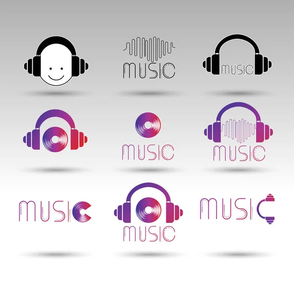 Conjunto Logotipos Música Sobre Fondo Claro Auriculares Disco Vinilo Musical — Archivo Imágenes Vectoriales