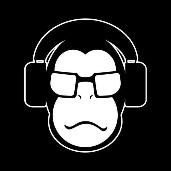 Logotipo Música Blanco Negro Mono Gorila Auriculares Gafas — Vector de stock