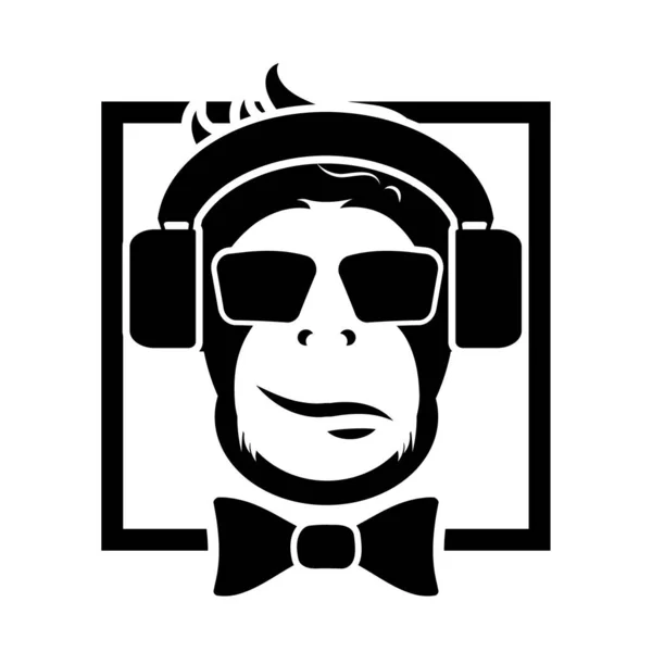 Hudební Logo Opice Sluchátkách Motýlek Černobílý Vektorový Obrázek — Stockový vektor