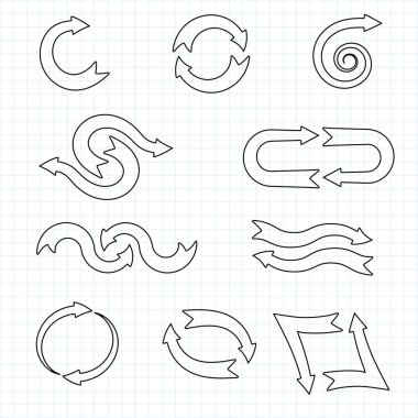 Damalı kağıtta farklı oklar var. vektör illüstrasyonu