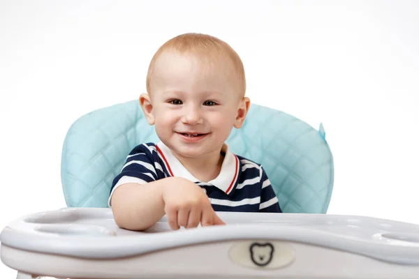 Cheerful Little Boy Sitting Child Seat Table White Background — Stock Photo, Image