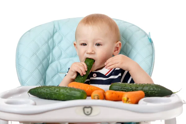 Bambino Allegro Seduto Seggiolino Bambini Mangiare Cetriolo Verde Uno Sfondo — Foto Stock