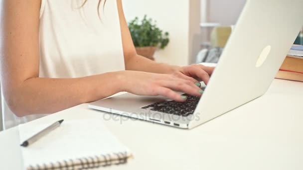 Close-up van een jonge vrouw die werkt op een laptop. Slow Motion — Stockvideo