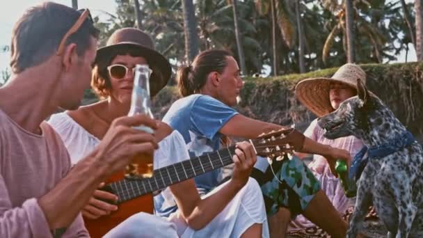 Les jeunes s'amusent sur la plage. Week-end sur l'île. Compagnie d'amis amusant chanter avec une guitare et chien drôle. Pique-nique au bord de la mer. Campagne jeunesse — Video