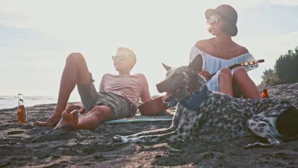 Νεαρό ζευγάρι έχει τη διασκέδαση στην παραλία. Σαββατοκύριακο στο νησί. Νεαρό ζευγάρι τραγουδούν με μια κιθάρα στην παραλία αστείο σκύλο τους. Πικ-νικ στην παραλία — Αρχείο Βίντεο