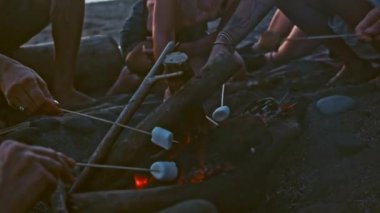 Şenlik ateşi ve kavurma marsh ile sunset Beach partide arkadaşlarıyla mellows