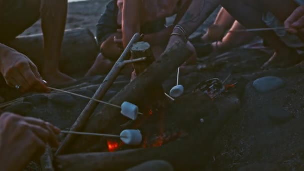 Fiesta en la playa al atardecer con hoguera y tostado pantano mellows con amigos — Vídeos de Stock