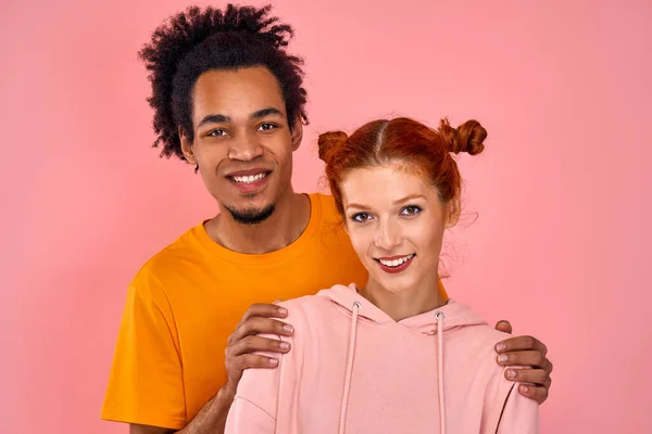 Close-up positive beautiful mixed race couple charming red-haired girl — Stock Photo, Image