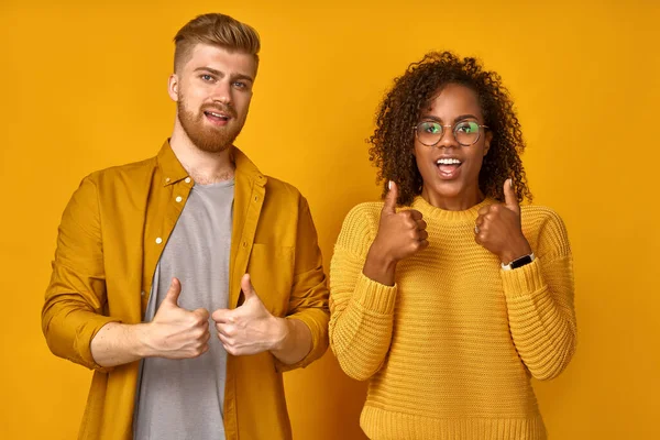 Successful cheerful diverse being business team, give thumbs up, agree to do something and collaborate, stand shoulder to shoulder against orange background, did great job, show approval, like idea