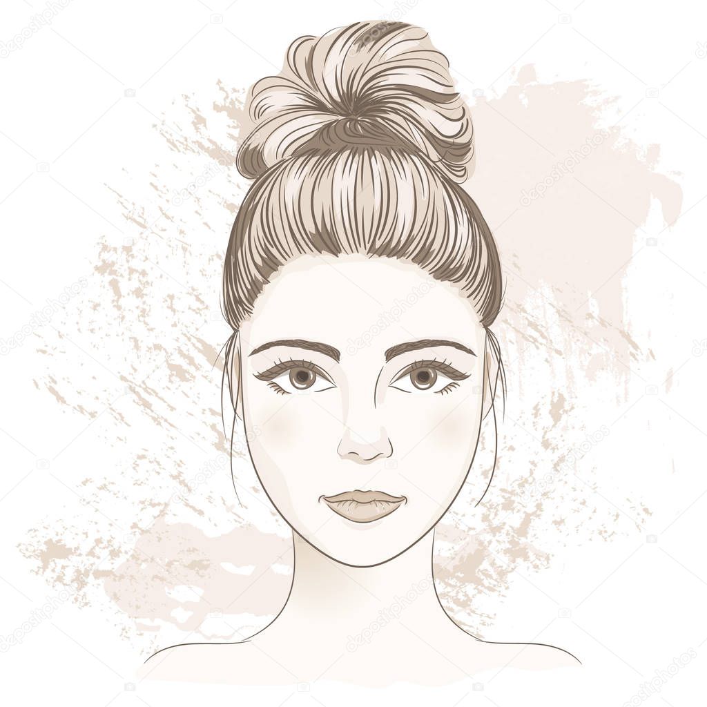 Young woman face. Digital monochrome sketch portrait of beautiful girl with fancy hair bun.