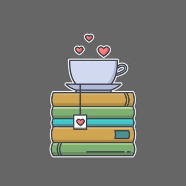 Renkli çizgi simgesini kazık kitap ve çay bardağı ile kalp sembolleri
