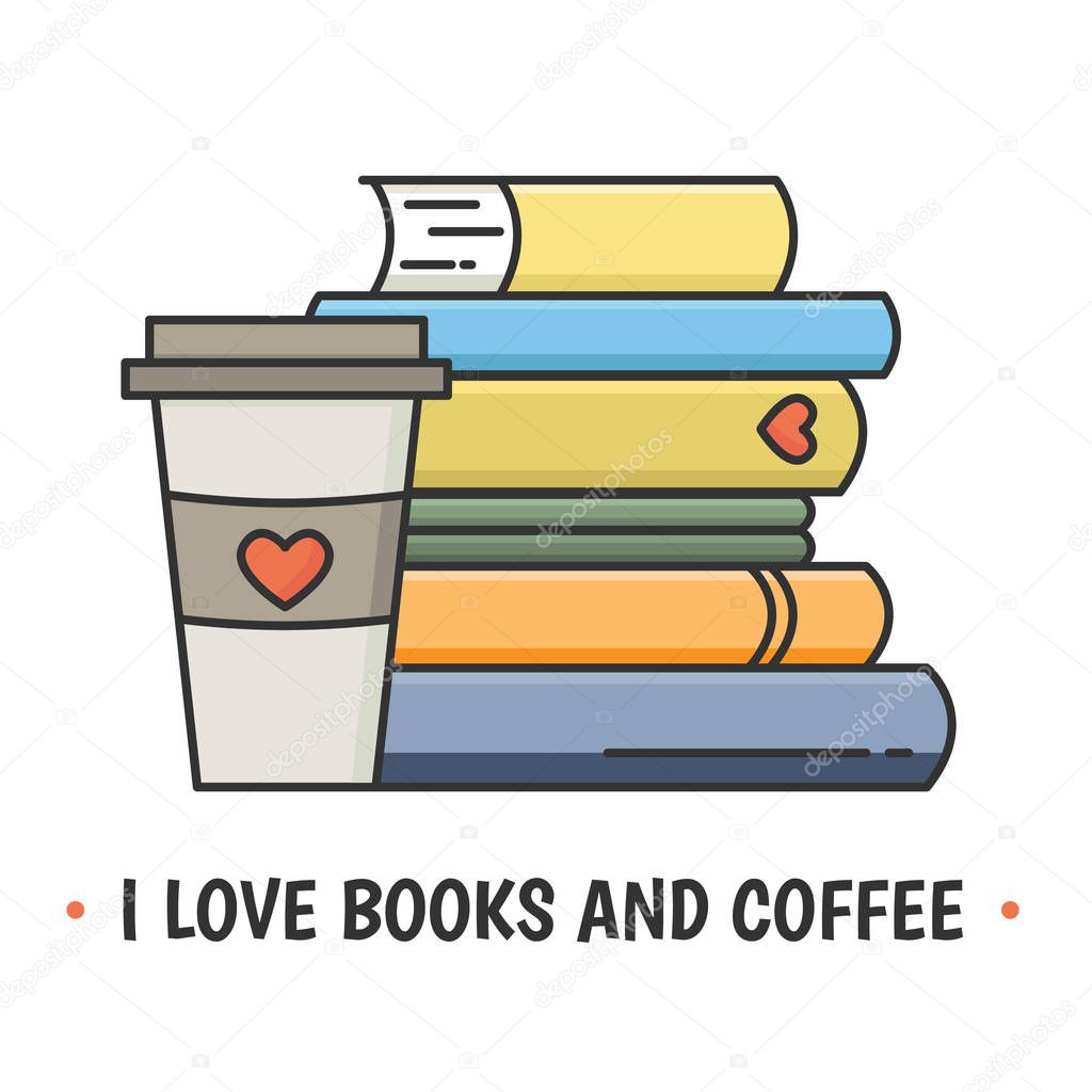 Colored line icon showing pile of books and coffee paper cup with cap