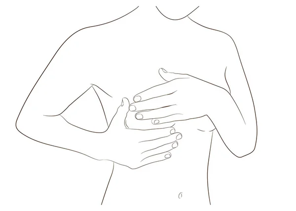 Женщина, проводящая ежемесячную проверку груди, самообследование, руки вверх — стоковый вектор