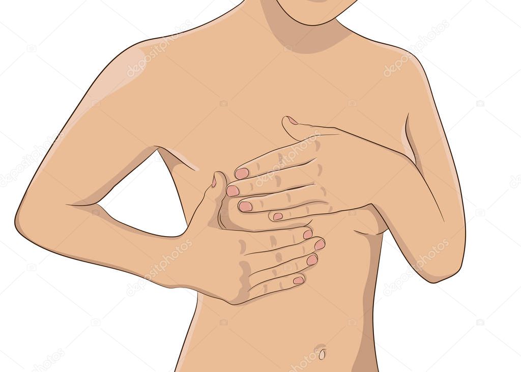 Woman performing monthly breast check, self exam, hands over bre