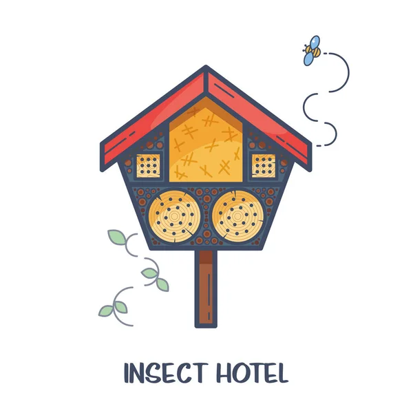 Böcek otel - ahşap ev bölmeleri ve doğal bileşenleri ile dekore edilmiştir. Ev bahçe yararlı zararlıları ladybugs, arılar, kelebekler, örümcekler gibi için. Vektör çizim, düz stil üzerinde beyaz izole