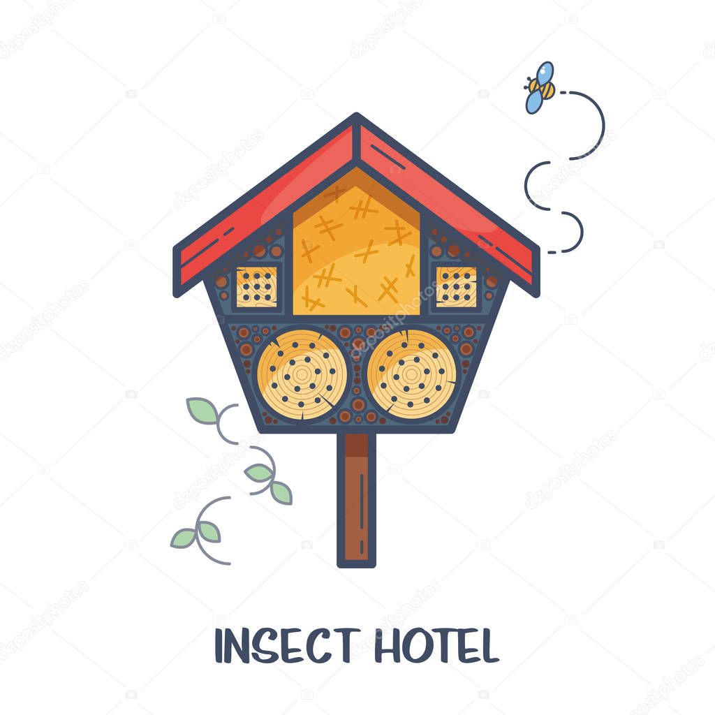 Insect hotel - decorated wood house with compartments and natural components. Home for garden useful pests like ladybugs, bees, butterflies, spiders. Vector illustration, flat style isolated on white