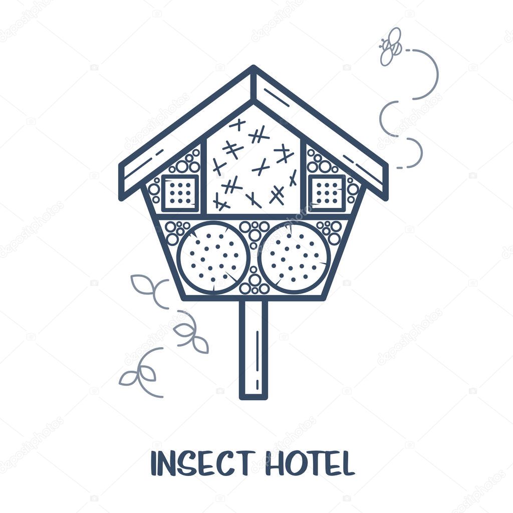 Insect hotel - decorated wood house with compartments and natural components. Home for garden useful pests like ladybugs, bees, butterflies, spiders. Vector illustration, flat style isolated on white