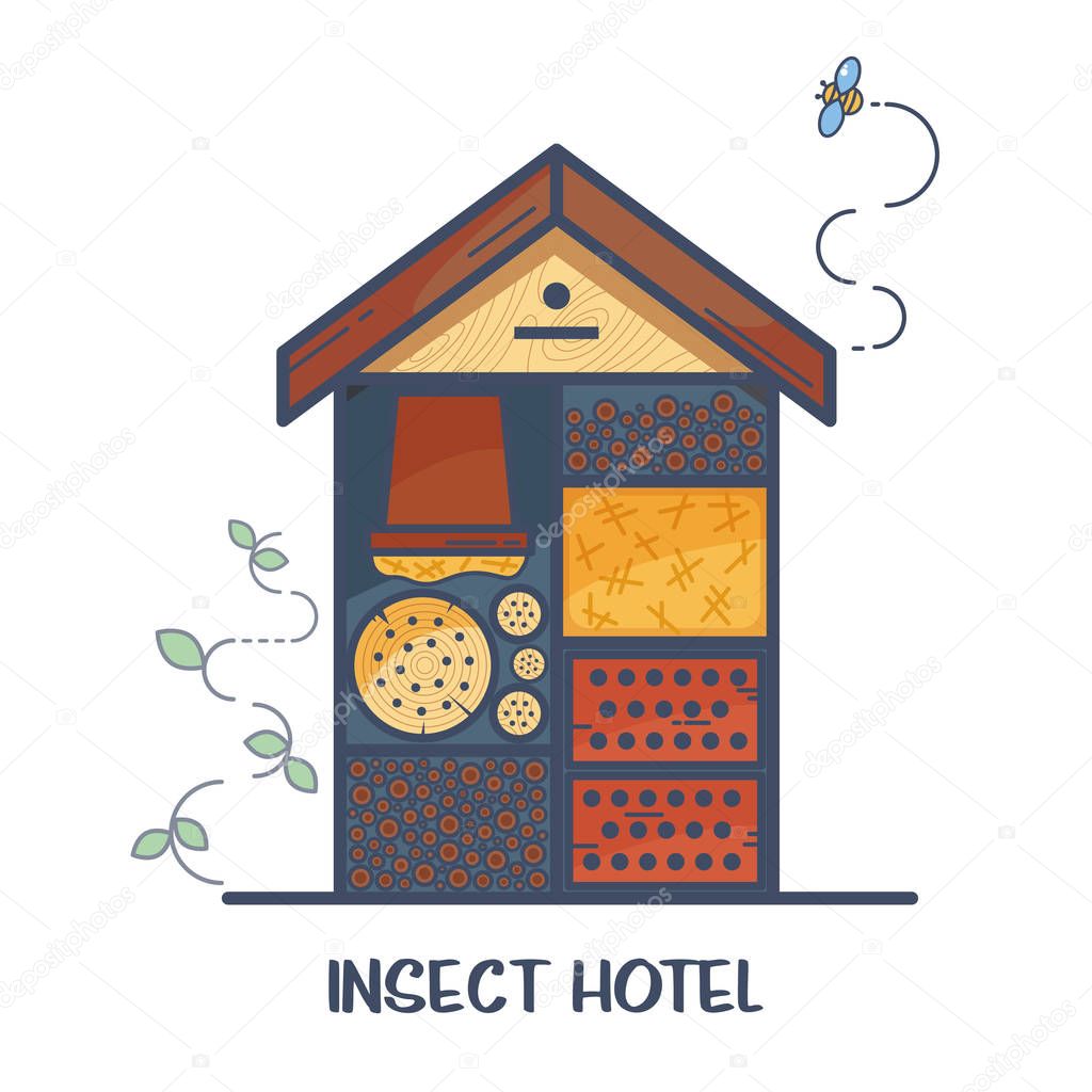 Insect hotel - decorated wood house with compartments and natural components. Home for garden useful pests like ladybugs, bees, butterflies, spiders. Vector illustration, flat style isolated on white